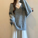 2000s Korean Fashion Loose Fake Two Piece Autumn Sweaters Y2k Pure Color Subculture Casual Long Sleeve Pullovers Sweaters Chic