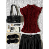 Pbong  Elegant Wine Red Stand Collar Shirt Women's Summer New Style Slimming Versatile Beautiful Patchwork Polyester Fiber Pure...