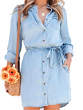 Pbong  Women Autumn Denim Shirt Dress Solid Color Long Sleeve Button-Down Lapel Short Dress with Belt