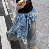 Pbong  Y2k Aesthetic Plaid Irregular Ruffled Skirts Vintage Women Streetwear Letter Print Faldas Harajuku Grunge Casual Bandage Skirt