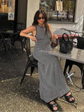 Women Fashion Striped Hollow Out Knitted Dress Elegant O Neck Sleeveless Maxi Vestidos Summer Female Beach Vacation Robes