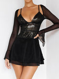 V-Neck Mesh Sequined Bling Backless Dress