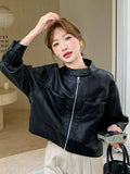 Sweet Biker Pu Jacket Women Vintage Preppy Style Big Pockets Short Coat Casual Korean Long Sleeve Retro O Neck Cute Tops