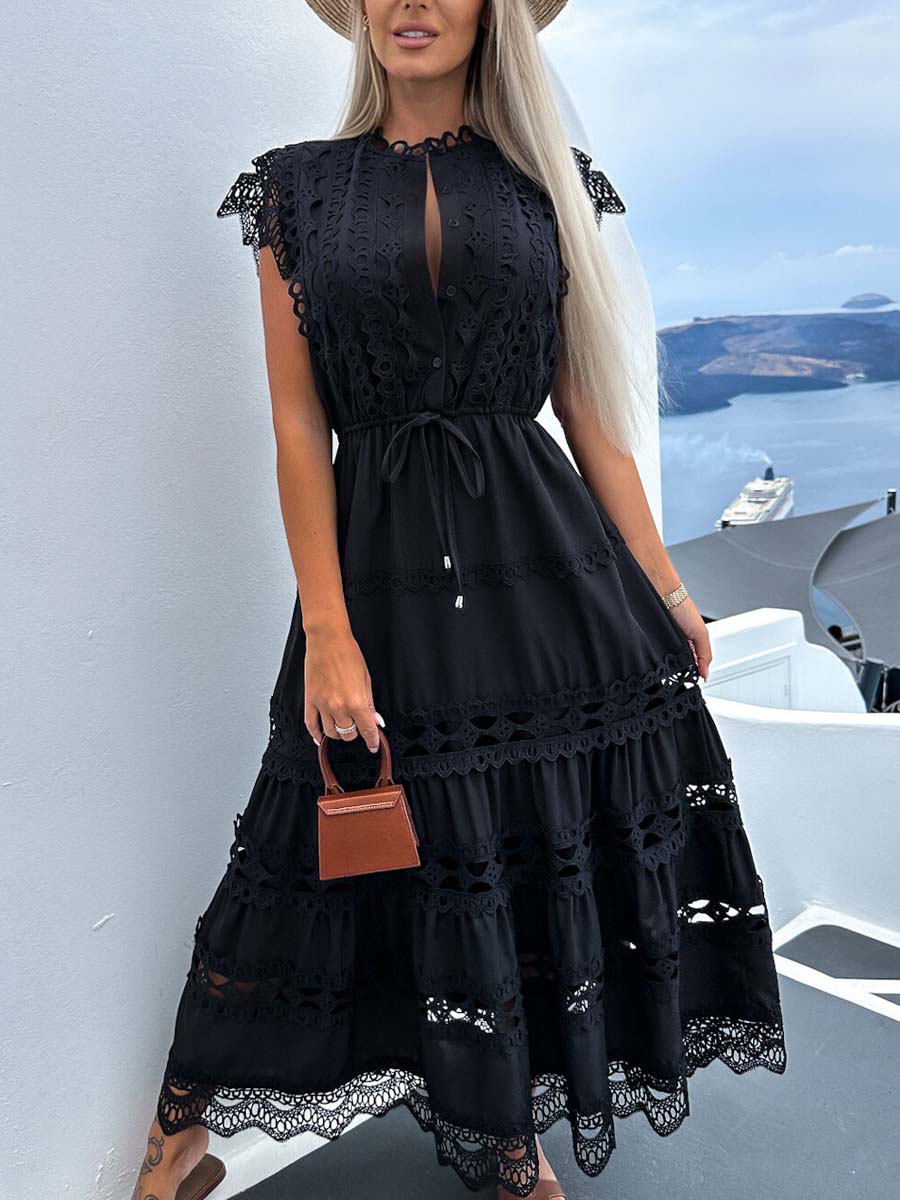 Hollow Out White Dress Women Summer Short Sleeve Lace Up Dress Ladies Elegant Fashion Lace Splicing Boho Holiday Long Dresses