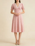 Pbong  Casual Yellow V Neck Lace Trim Dot Print Dresses for Women Short Sleeve Slimming Ruffle for French Vacation Style