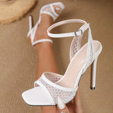 Pbong  New Summer Fashion Crystal Breathable Hollow Out Sandals Women Square Toe Buckle Strap Thin Heels Ladies Shoes