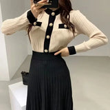 Pbong  Chic Korean round Neck Single Button Slim Fit Knit Sweater + High Waist Pleated Mini Skirt Women's Fashion Winter Outfit