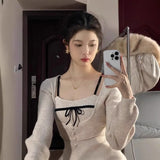 Korean Luxury Temperament Two Piece Sets Design Women Clothes Spliced Bow Appliques Tank Tops Y2k Aesthetic Long U Neck Tops