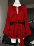 French Elegant Vintage Black Chiffon Dress Long Sleeve V Neck Autumn Women Sweet Dress Casual Holiday Evening Party Wear