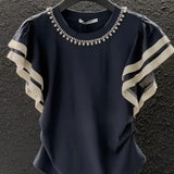 Pbong  Summer Neqw O-neck Beading Tops Mujer Patchwork Flying Sleeve Loose Tee Shirt Fashion All-match T-shirt For Women
