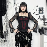 Mall Gothic Vintage Lace T-shirt Women Palace Style Sexy Cross Lace Patchwork Square Collar Flare Sleeve Crop Tee Tops