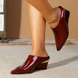 Pbong  New Designer Wedge Sandals Woman Luxury Patent Pointed Toe Heeled Slippers High Quality Mules Shoes Big Size 43