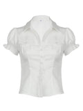 Sweetown Single Breasted Puff Sleeve White Shirts For Women Button Turn Down Collar Pockets Simple Casual Safari Style Tops