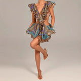 Pbong  Floral Print Romper Sleeveless Ruffle Trim Deep V Neck Irregular Hem Light Chiffon Fabric Summer Vacation Lady Chic Romper