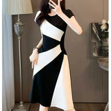 French Temporary Simple Fashion High End Short Sleeved Dress Summer New Round Neck Waist High-end Black White Patchwork Dresses
