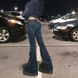 Pbong  Womens Y2K Grunge Casual Denim Flared Long Pants Solid Color Skinny Low Waist Bell Bottom Jeans Trousers with Pockets