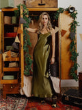 Women Green Satin V-neck Spaghetti Strap Dress Elegant Backless Sleeveless Bodycon Long Dresses Summer Sexy Party Club Vestidos