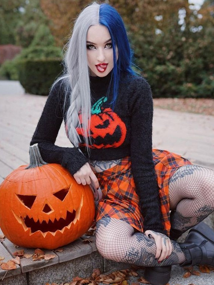 Gothic Black Pumpkin Print Women's Sweater Turtleneck Pullover Crop Long Sleeves Halloween Grunge Girls Party Top