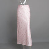 2025 Summer Floral Printed Pink Long Skirt For Women Casual High Waist Slim Elegant Party Maxi Skirt Female Stain Dress Clothes