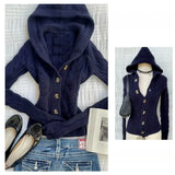 Pbong  Korean Style Hooded Knitted Cardigan Slim Fit Sweater Jacket Ultra Short Pure Color Spring Season Long Sleeve Women's Casual Set