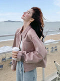 Pink Y2K Faux Suede Jacket Women Vintage Streetwear Long Sleeve Loose Coat Korean Casual Harajuku Fall Winter Outwear Tops