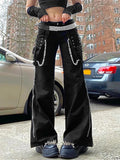 Pbong  Women Chain Cargo Pants Dark Academia Hip Hop Punk Gothic Trousers High Waist Straight Long Pants Streetwear