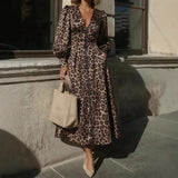 Pbong  Sexy V-neck Leopard Print Lantern Sleeve Zipper Shirt Dress Long Dress Women's Fashion Spring Autumn Clothing High Waist A- li..