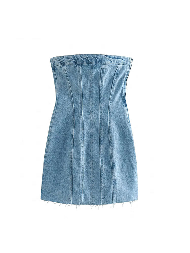 Blue Dress for Women Summer Denim Strapless Tube Top Dress Sexy Solid High Street Chest Wrapping Dresses