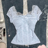 Summer Vintage Apricot Lace Blouse Women Elegant Sweet Bow Slim Fit Tops Female Retro Chic Y2K Fashion Casual Sweet Tees New