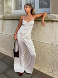 Summer New Casual Pant Sets Female Sexy Plunge Lace Up Backless Vest Top Elastic Waist Trousers Summer Women Solid Suit