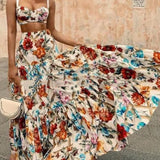 Sexy Elegance Spring Summer Women's Clothing Floral Print Halter Dress Set Beach Skirt Two-Piece Polyester Long Cake Ski...