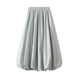 Pbong  Women's Elegant Elastic High Waist Solid Color A-Line Pleated Puffball Hem Casual Flowy Balloon Bud Midi Skirts