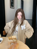Sweet Bow Korean Jacket Women Fall Preppy Style Cute Long Sleeve Coat Vintage Casual O Neck Loose Female Pockets Tops New