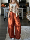 Pbong  Raw Edge Patchwork Harem Pants Elastic High Waist Linen Fabric Wide Leg With Pockets Summer Fashion Retro Lady Pants