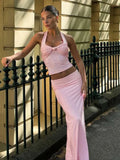 Sexy Women 2 Piece Set Halter Solid Pleated Knot Backless Y2K Tank Tops+Skirts Vacation Party Elegant Matching Suits