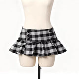 New Euramerican Low Waist Sweet Cool Girl Skirts Y2k Aesthetic Constrast Color Plaid Pleated Jupe Harajuku Buttons Design Skirts
