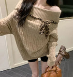Sexy Off Shoulder Y2K Sweater Women Vintage Leopard Lace Up Knitted Jumper Casual Lazy Wind Long Sleeve Slash Neck Pullover