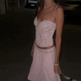 Pbong   Sexy Lace Vest Skirt Set Women Beach See Through Sling Crop Tops Patchwwork Skirts Summer Autumn Vacation Lady Suits New