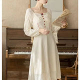 Pbong  Literary Vintage Fashion Temperament Long Sleeve Square Neck Dress Women Autumn New Button Zipper Patchwork French Long Dresses