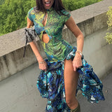 Pbong  Sexy Print Hollow Out Women's Dress Pleated Patchwork Hip Package Sleeveless Female Dresses Summer Party Lady Robe New