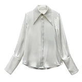 Pbong  Autumn Women's Luxury Satin Shirt French Inspired Pointed Collar Drape Front Elegant Blouse