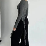 Euramerican High Street O Neck Long Sleeve Shirts Fashion Lrregular Ruffle Moda Punk Tops Y2k Aesthetic Harajuku Girl Clothes