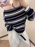 Off Shoulder Striped Knit Top for Women Long Sleeve Off-the-Shoulder Pullovers Jummper Ladies Fall Winter Korean Fashion Outfit