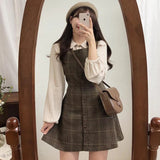Cute Mini New Year Date Dresses Sleeveless Vest Women Korea Japanese Style Design Retro Vintage Plaid Button Shirt Dress 11021