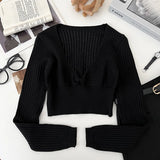 Rib Knit Crop Top with Keyhole Criss-Cross Front Long Sleeve V-Neck Short Sweater Pullovers Women Teen-girl Y2K 90s Outfit