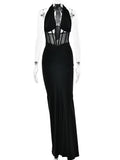 Pbong   Patchwork Sexy Deep V-neck Halter Women Maxi Dress Backless See Through Dress Summer Slim Elegant Party Evening Dress