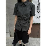 Vintage Japan Fashion Popular All Match Plaid Blouse Punk American Pleated Y2k Aesthetic Shirts Streetwear Subcultural Clothes