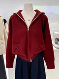 Korean Bow Cardigan Women Lazy Wind Double Zipper Long Sleeve Knitted Jacket Vintage Sweet Casual Preppy Style Tops Coat