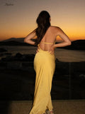 New Summer Fashion Backless Vacation Party Vestidos Satin Sexy Slim Slant Shoulder Solid Color Slit Casual Long Dress Vestidos