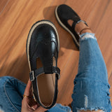 Pbong  Black T-Strap Flat Shoes for Women, Round Toe Brogue Detail with Metal Buckle, Casual Chunky Soled Shoes